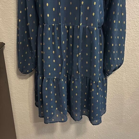 #542 Blu Pepper navy blue gold leaf, long sleeve, Boho style dress size medium - Picture 3 of 11